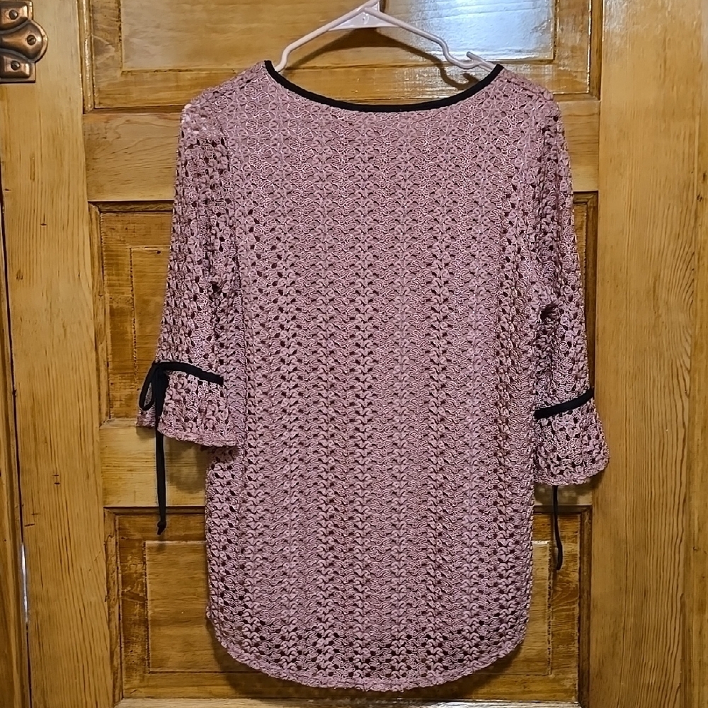 Olivia Blu Pink Lace Grandmacore Blouse with 3/4 Bell Sleeves and Tie Front S - Picture 5 of 5